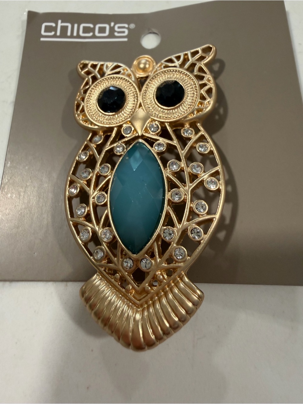 Chico's Gold-Tone Owl Brooch with Teal and Black Accents